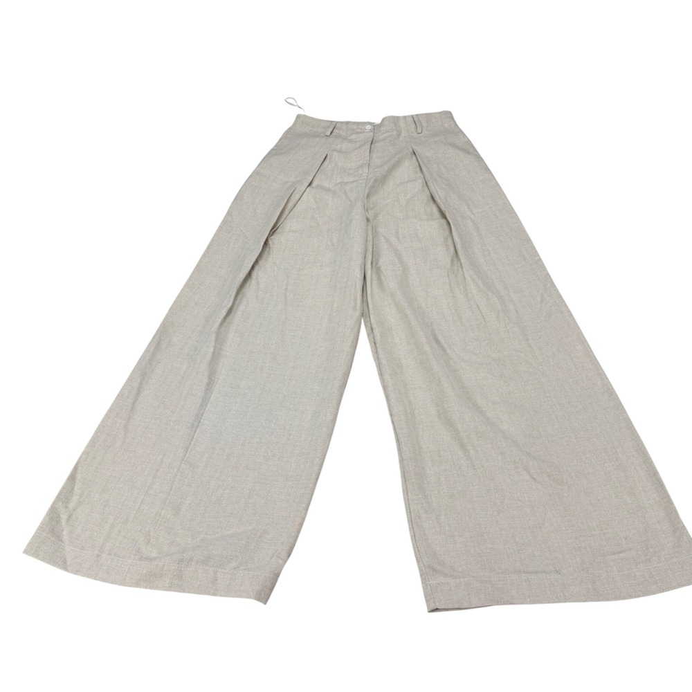 Commense Wide Leg Linen Blend Herringbone Pleated Trousers Beige Womens Medium